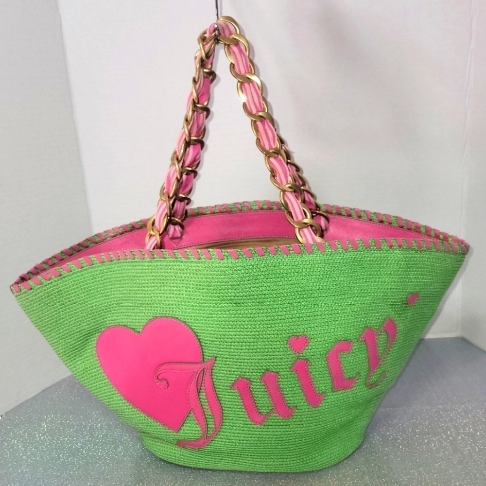Y2K Vintage Juicy Couture XL Green & Pink Straw Tote Shopper Beach Bag Purse
